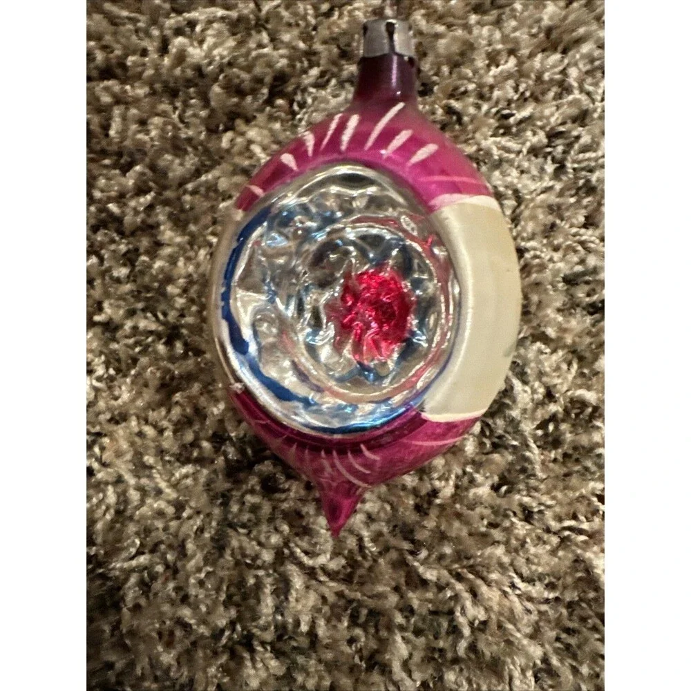 Antique Pink Teardrop Indent Christmas Ornament Poland Branch Pinecone Scene